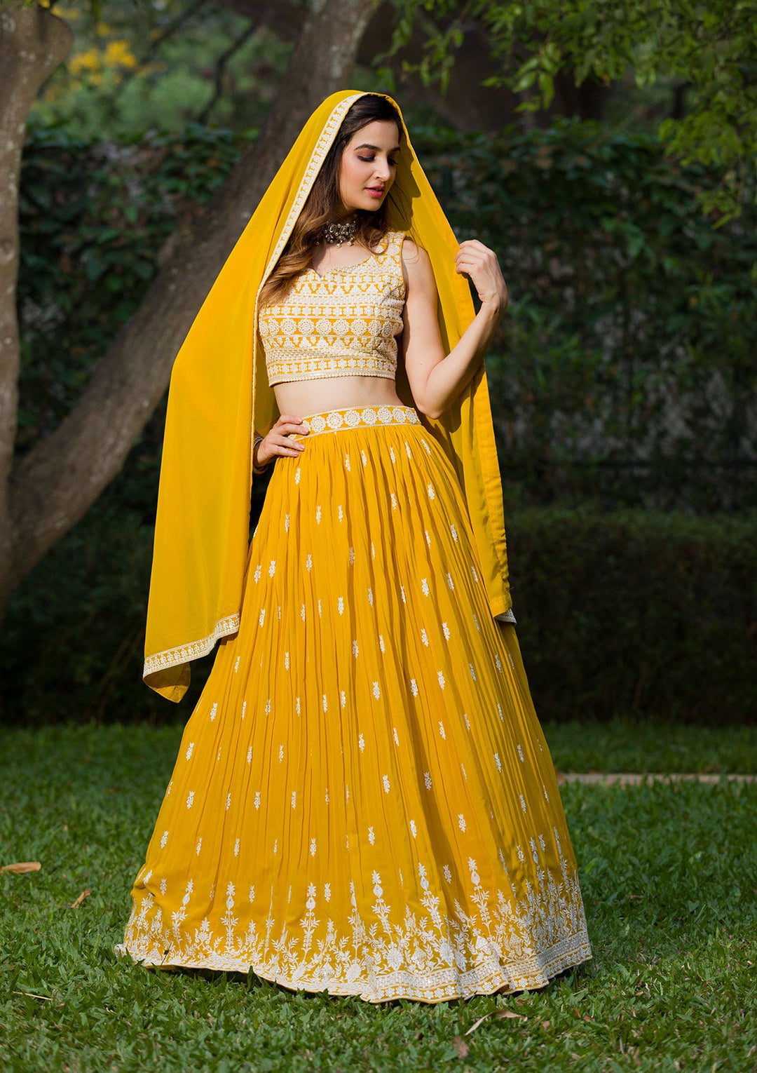 Lemon Yellow Threadwork Georgette Readymade Lehenga Set-Koskii