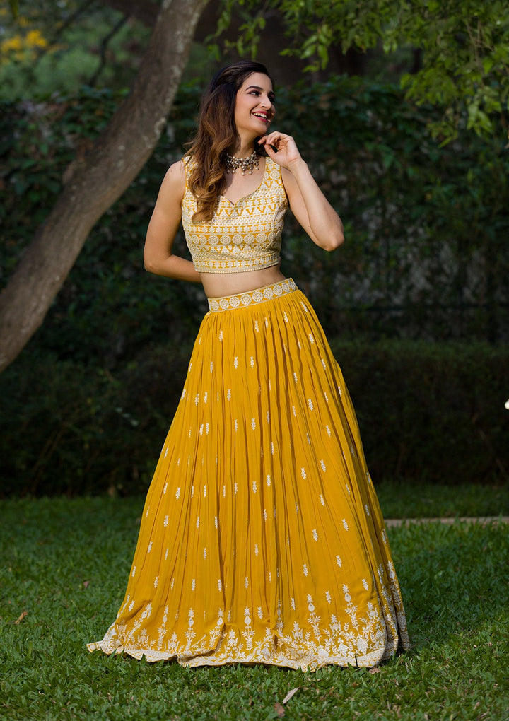 Lemon Yellow Threadwork Georgette Readymade Lehenga Set-Koskii