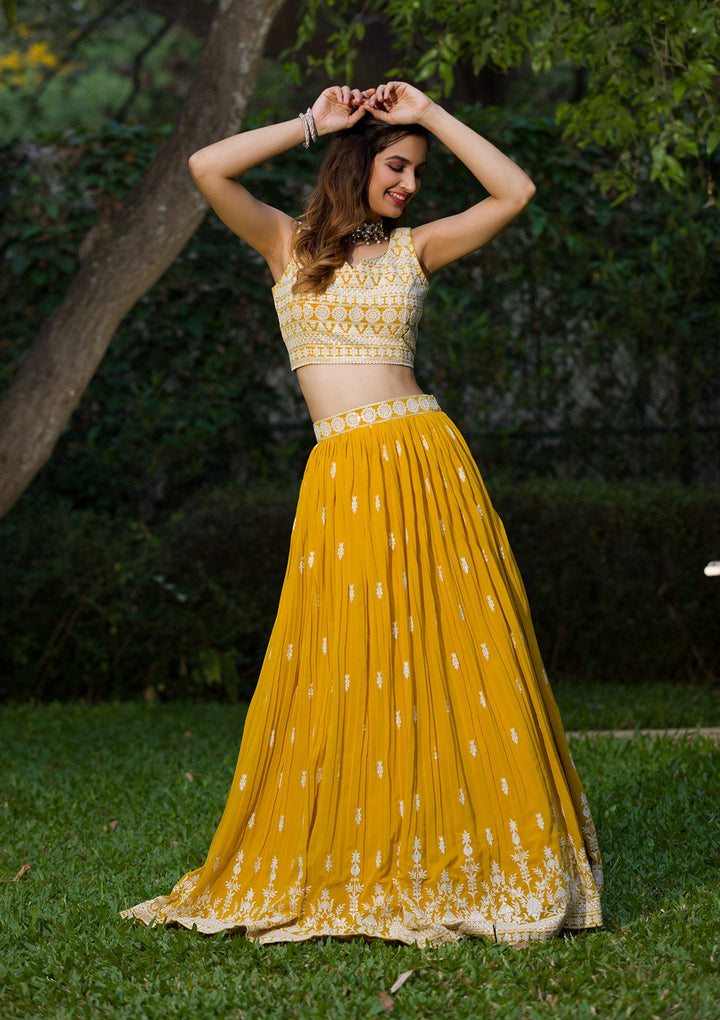 Lemon Yellow Threadwork Georgette Readymade Lehenga Set-Koskii