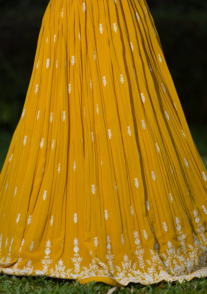 Lemon Yellow Threadwork Georgette Readymade Lehenga Set-Koskii