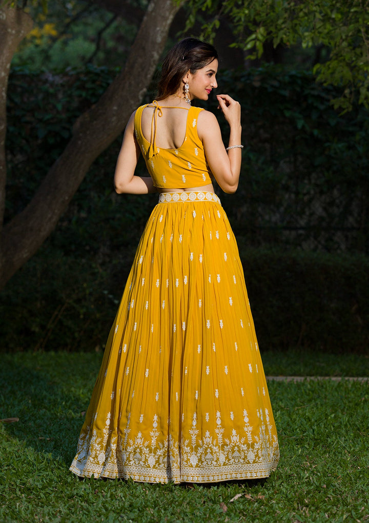 Lemon Yellow Threadwork Georgette Readymade Lehenga Set-Koskii