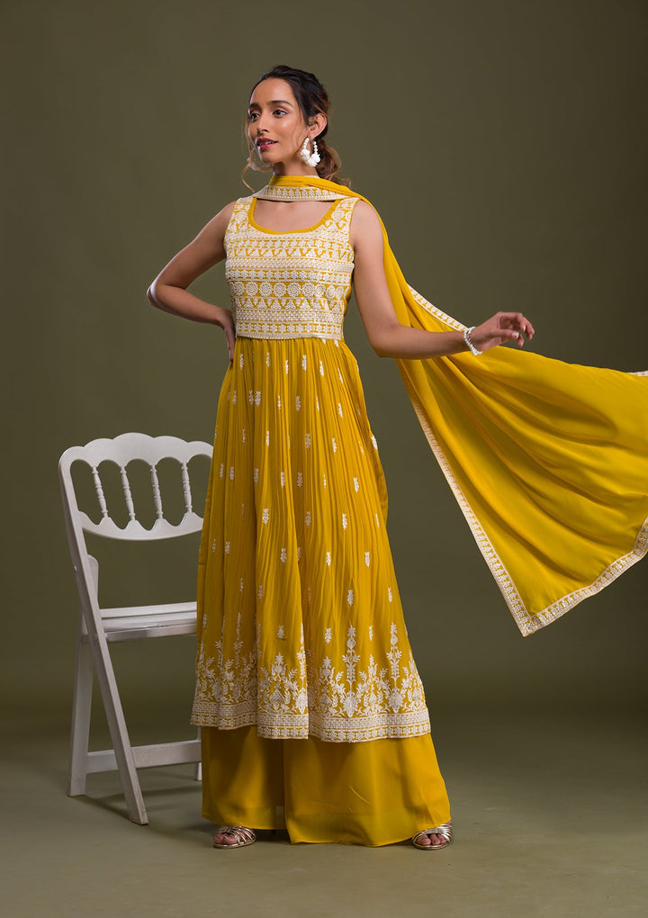 Lemon Yellow Threadwork Georgette Readymade Salwar Suit-Koskii