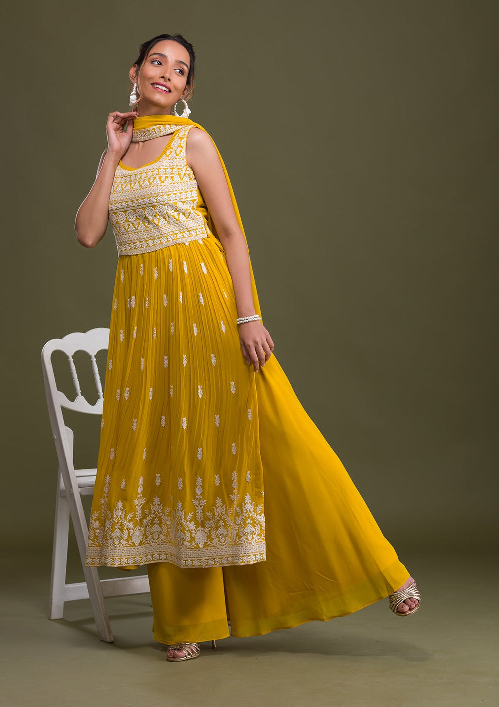 Lemon Yellow Threadwork Georgette Readymade Salwar Suit-Koskii