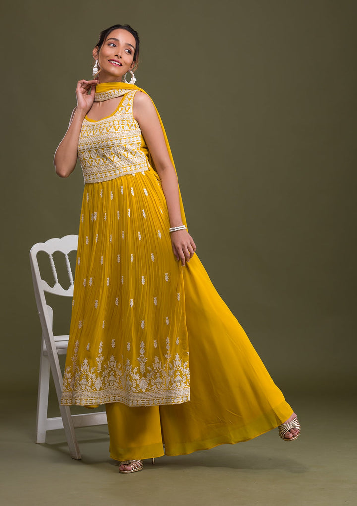 Lemon Yellow Threadwork Georgette Readymade Salwar Suit-Koskii