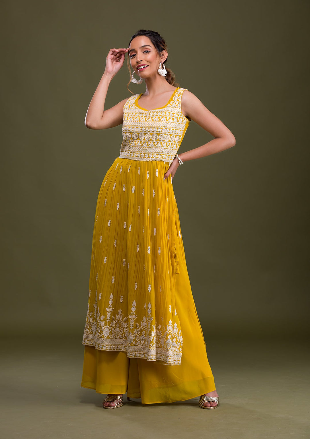 Lemon Yellow Threadwork Georgette Readymade Salwar Suit-Koskii