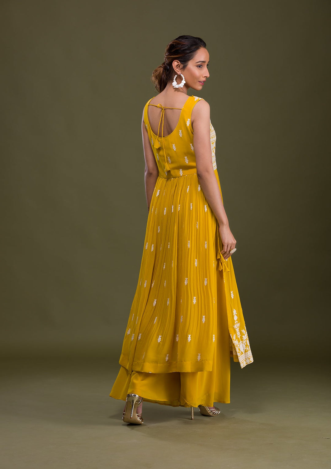 Lemon Yellow Threadwork Georgette Readymade Salwar Suit-Koskii