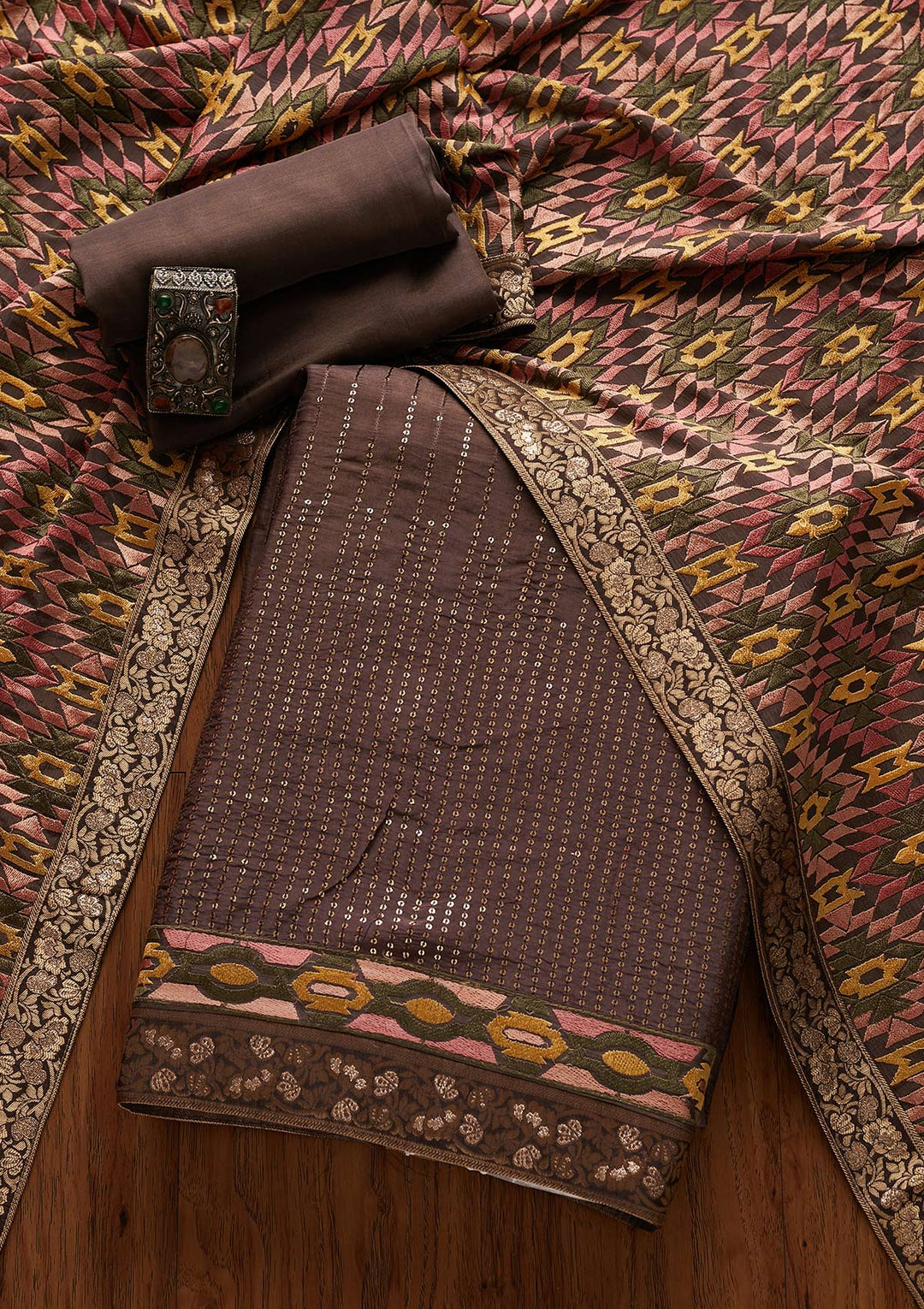 Light Brown Chikankari Semi Crepe Designer Unstitched Salwar Suit - Koskii