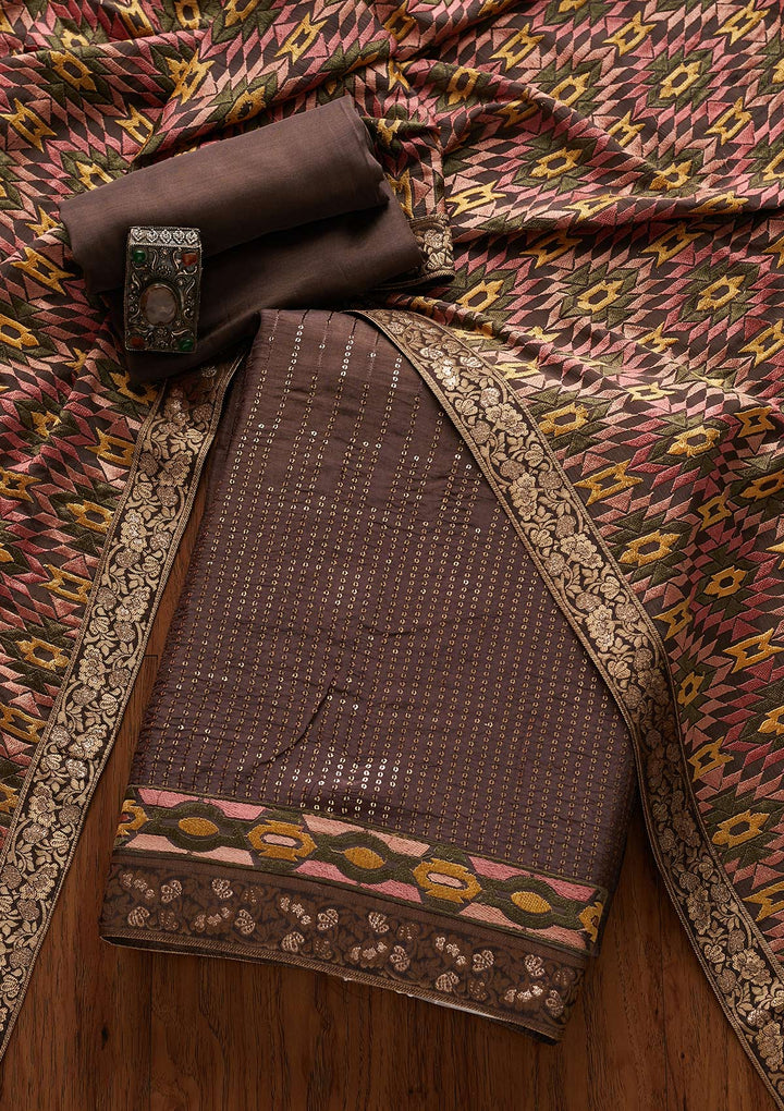Light Brown Chikankari Semi Crepe Designer Unstitched Salwar Suit - Koskii