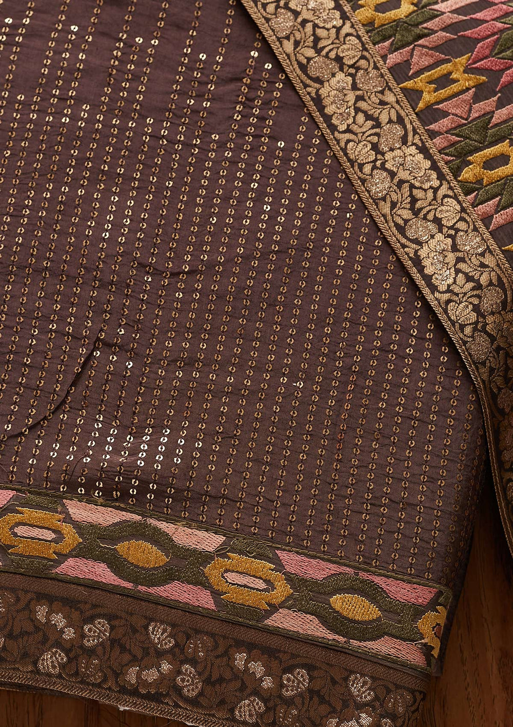 Light Brown Chikankari Semi Crepe Designer Unstitched Salwar Suit - Koskii