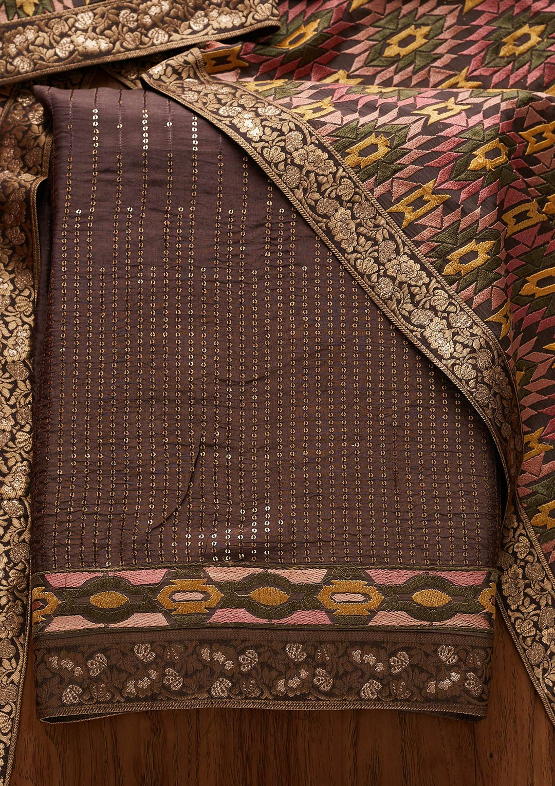 Light Brown Chikankari Semi Crepe Designer Unstitched Salwar Suit - Koskii