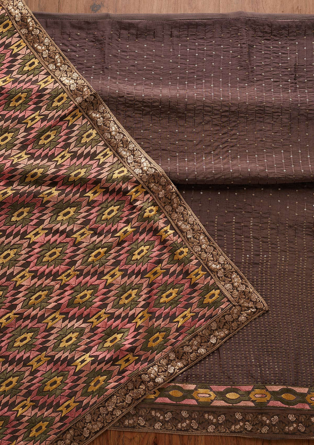 Light Brown Chikankari Semi Crepe Designer Unstitched Salwar Suit - Koskii