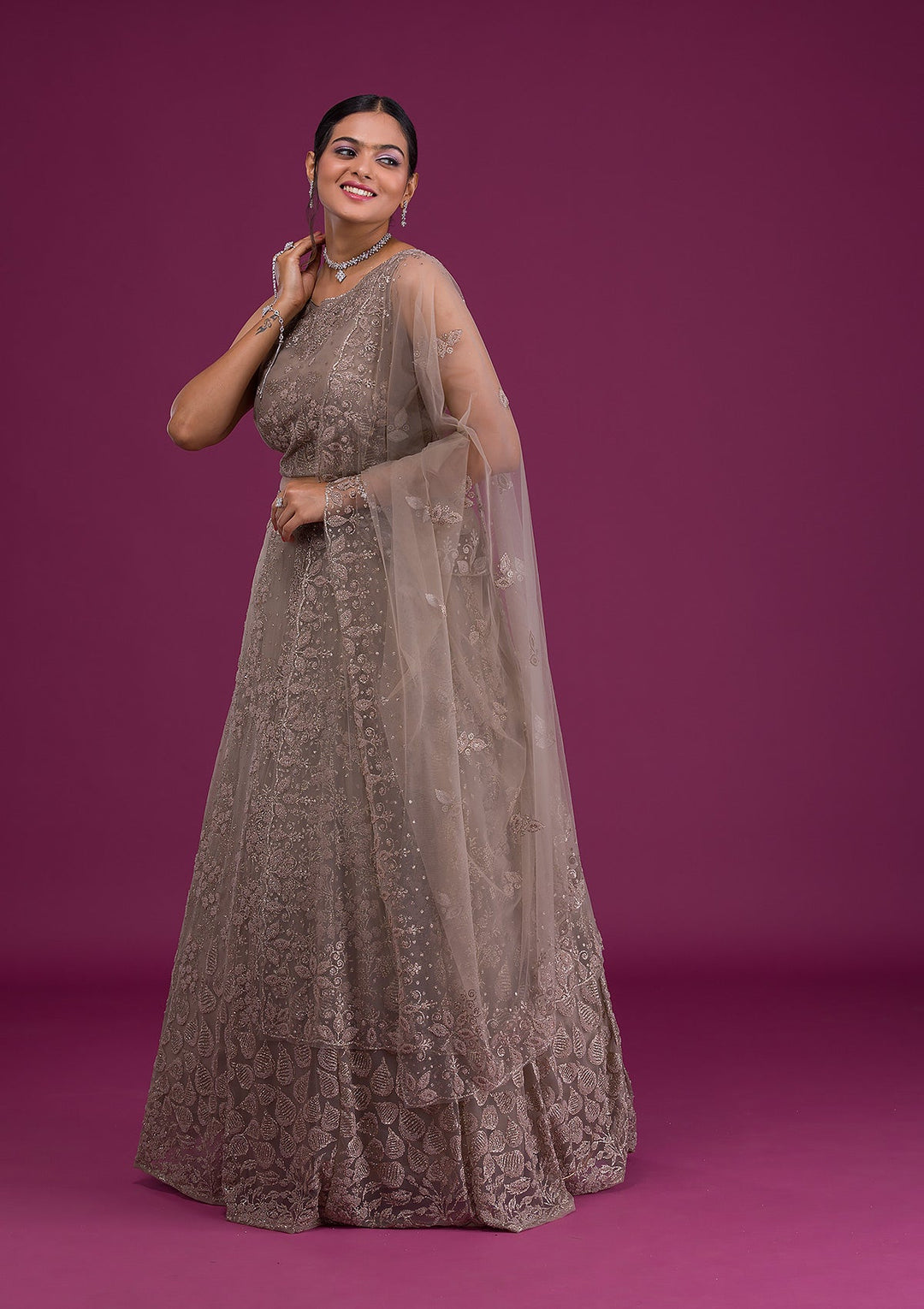 Light Brown Cutdana Net Readymade Lehenga-Koskii