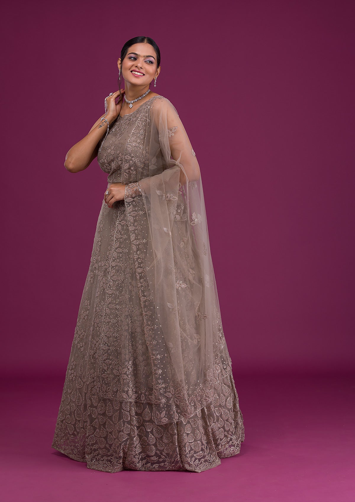 Light Brown Cutdana Net Readymade Lehenga-Koskii
