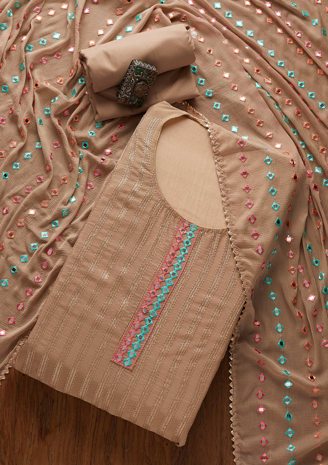 Light Brown Mirrorwork Georgette Designer Unstitched Salwar Suit - koskii