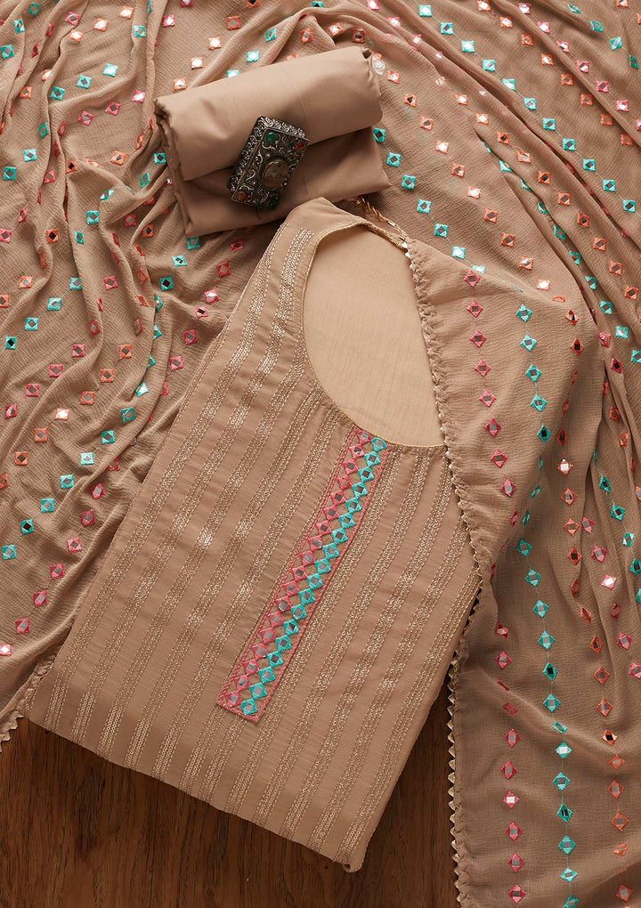 Light Brown Mirrorwork Georgette Designer Unstitched Salwar Suit - koskii