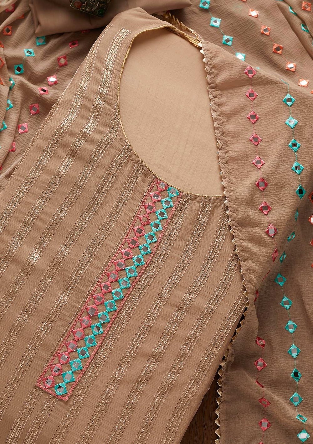 Light Brown Mirrorwork Georgette Designer Unstitched Salwar Suit - koskii