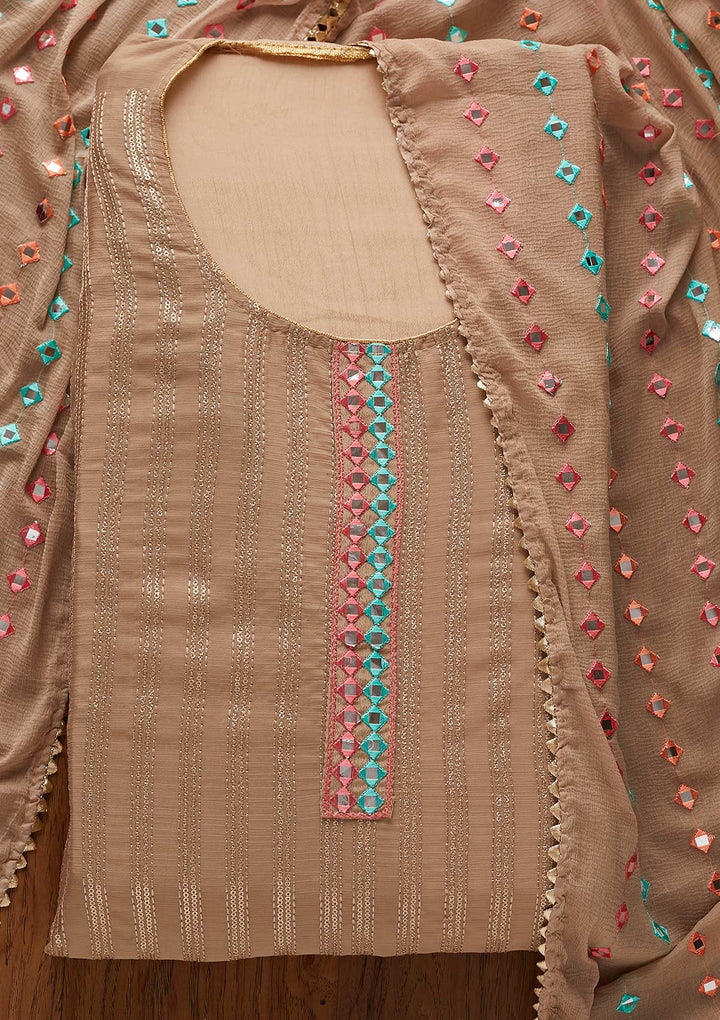 Light Brown Mirrorwork Georgette Designer Unstitched Salwar Suit - koskii