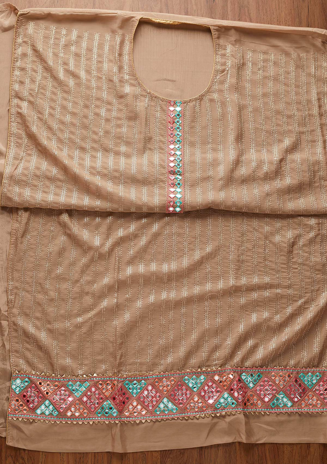 Light Brown Mirrorwork Georgette Designer Unstitched Salwar Suit - koskii