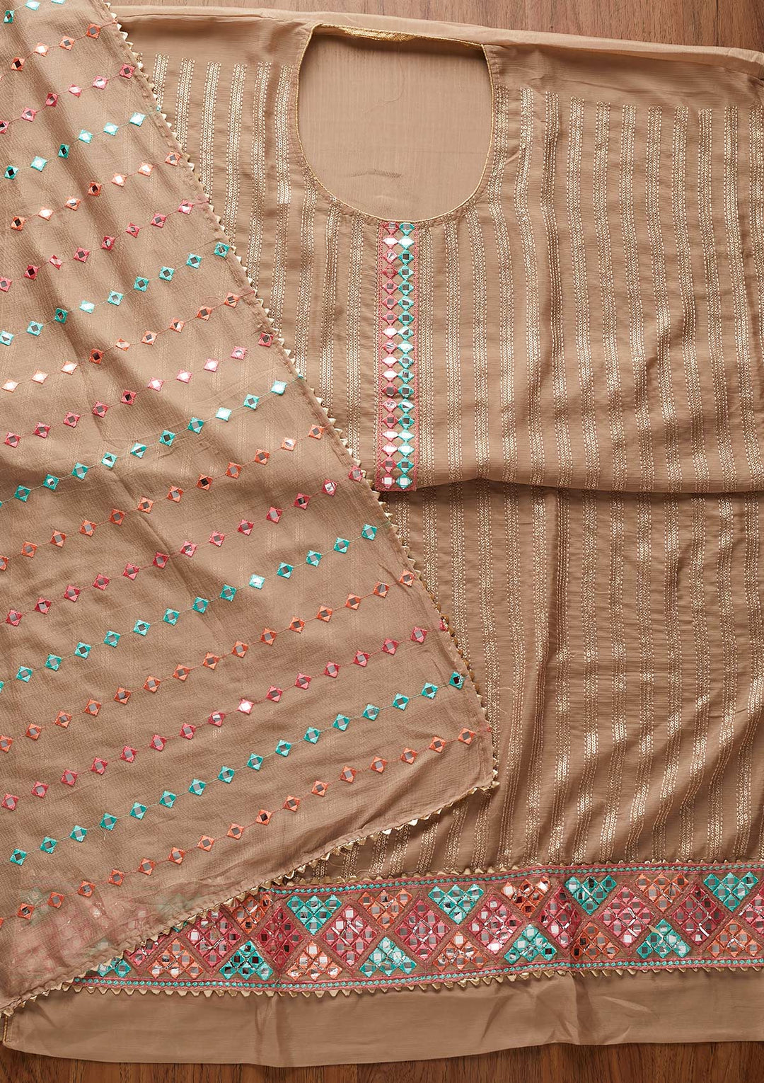 Light Brown Mirrorwork Georgette Designer Unstitched Salwar Suit - koskii