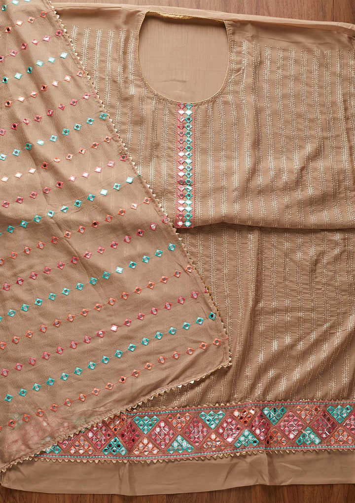 Light Brown Mirrorwork Georgette Designer Unstitched Salwar Suit - koskii