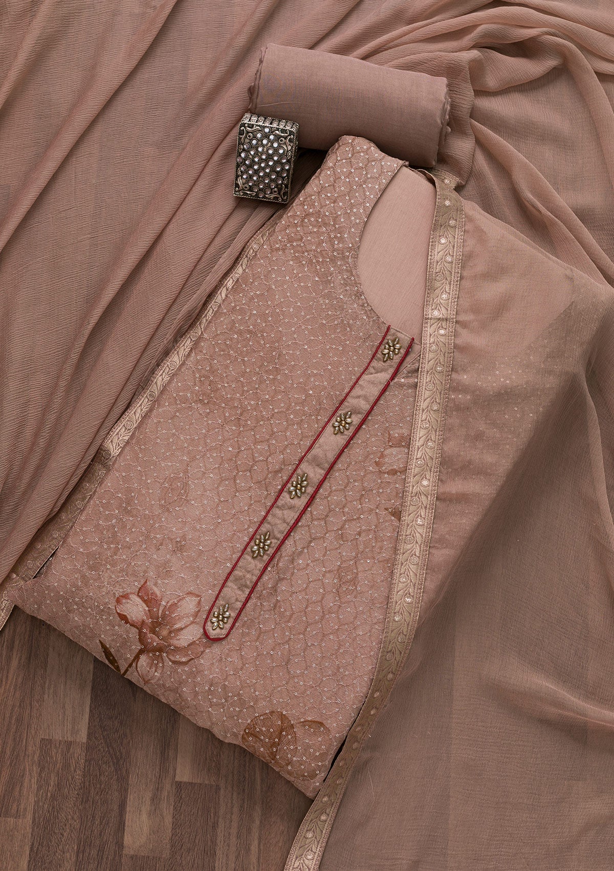 Light Brown Sequins Georgette Semi-Stitched Salwar Suit-Koskii