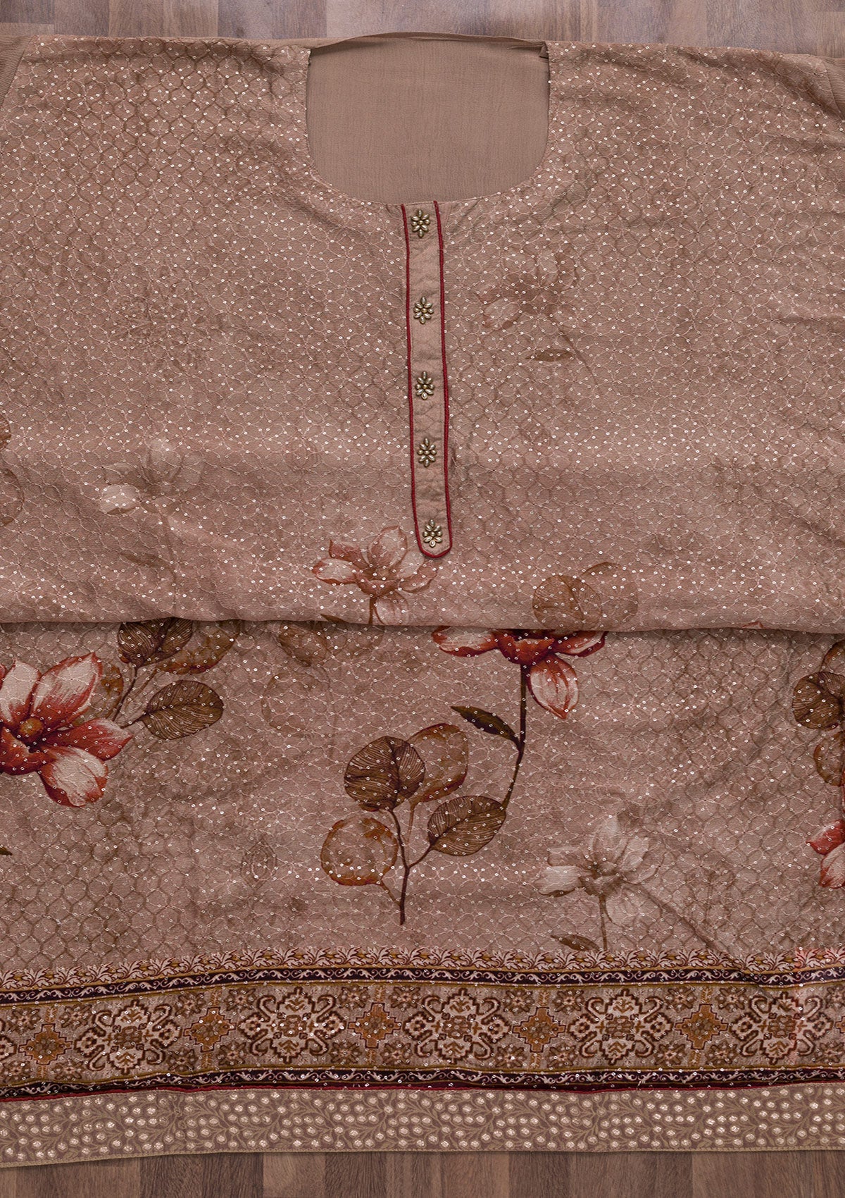Light Brown Sequins Georgette Semi-Stitched Salwar Suit-Koskii