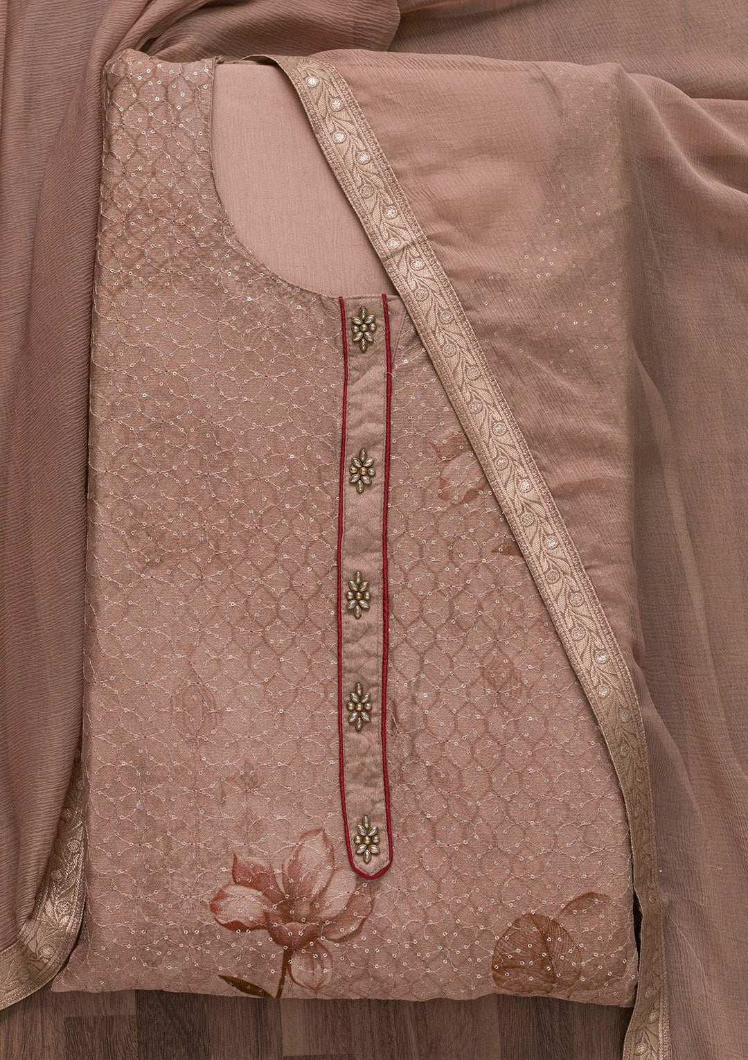 Light Brown Sequins Georgette Semi-Stitched Salwar Suit-Koskii