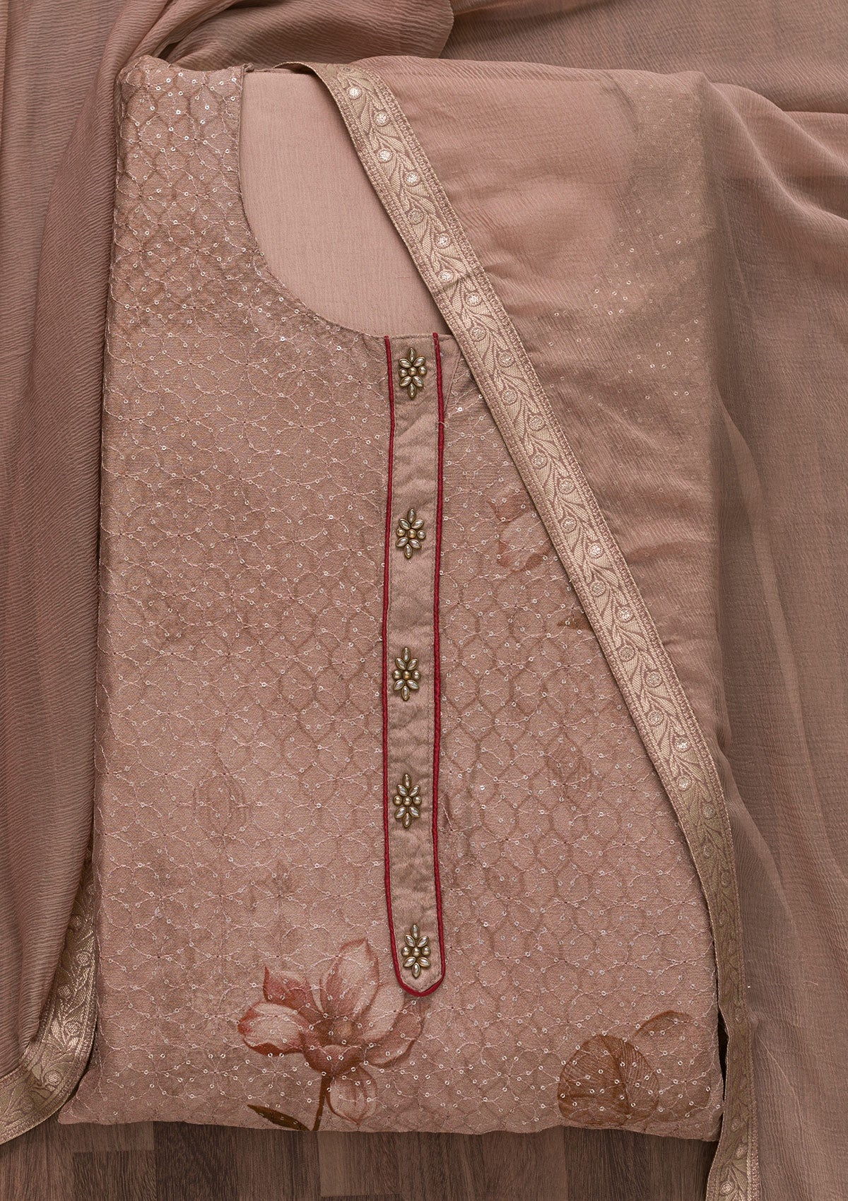 Light Brown Sequins Georgette Semi-Stitched Salwar Suit-Koskii