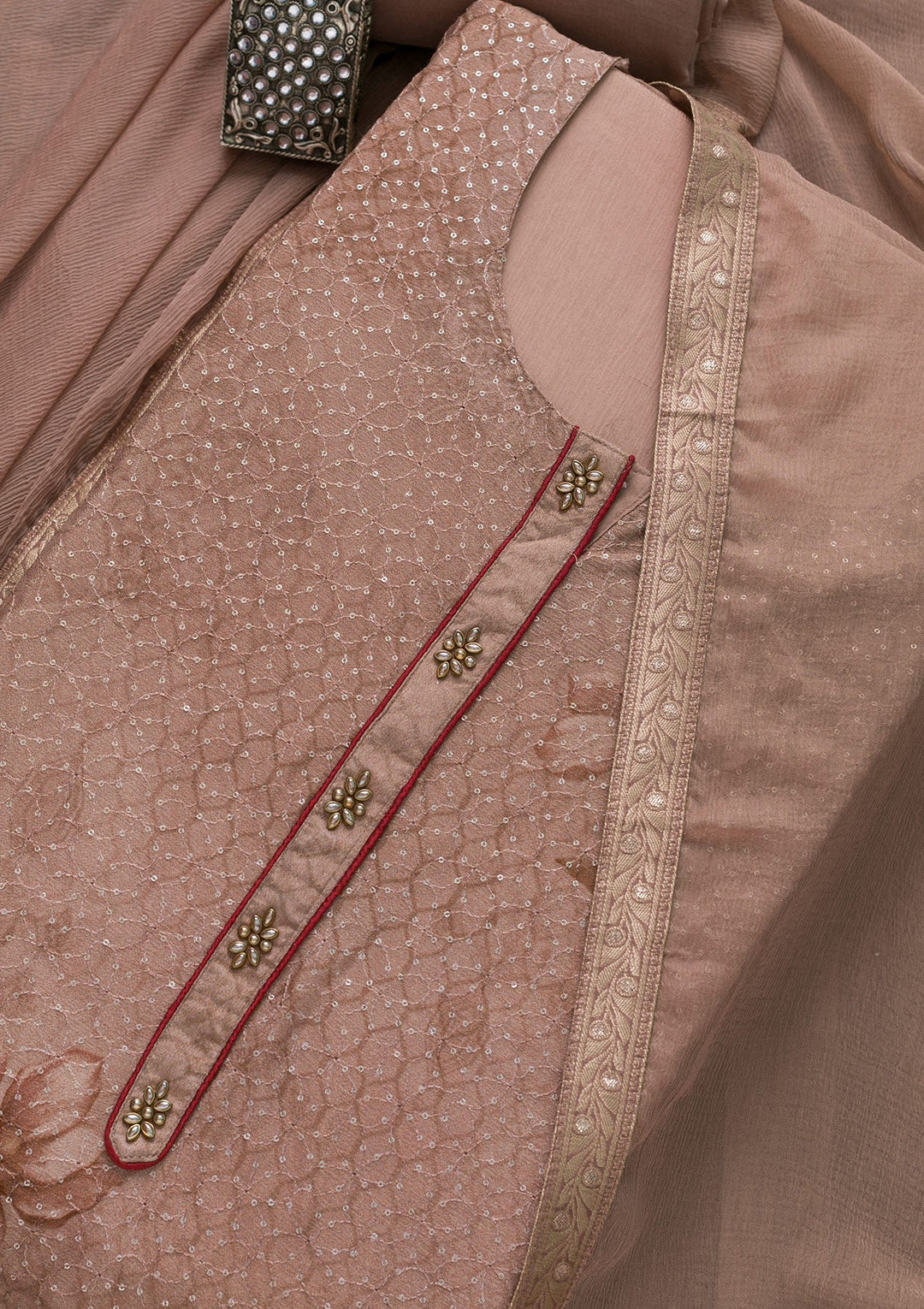 Light Brown Sequins Georgette Semi-Stitched Salwar Suit-Koskii