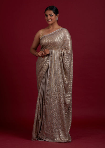 Light Brown Sequins Shimmer Designer Saree - Koskii