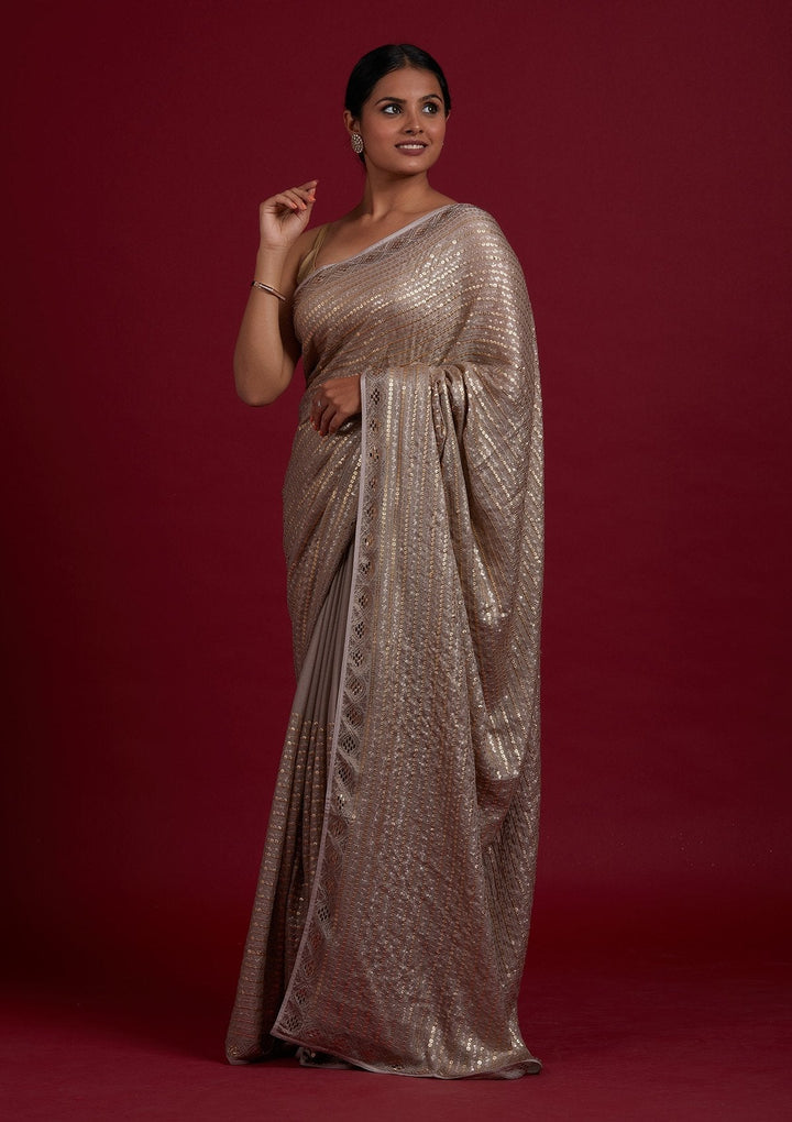 Light Brown Sequins Shimmer Designer Saree - Koskii