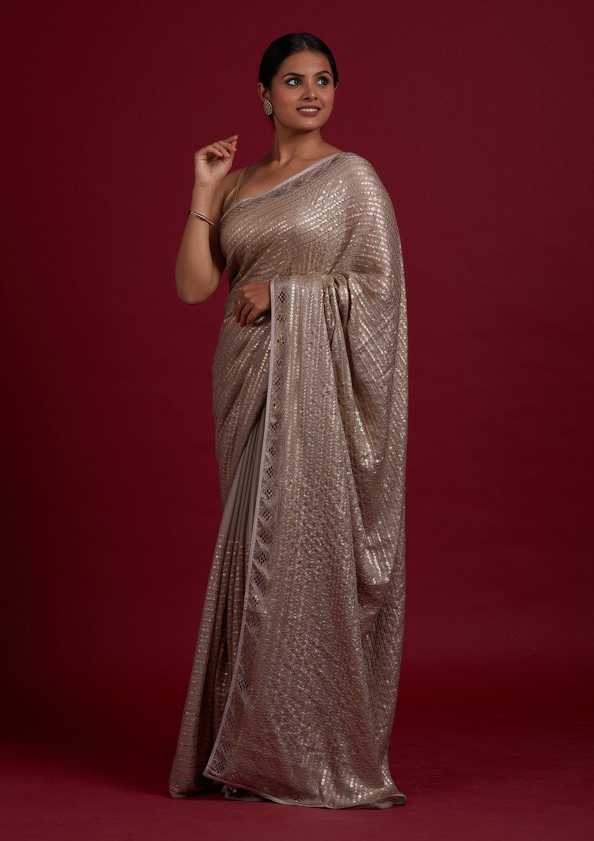 Light Brown Sequins Shimmer Designer Saree - Koskii