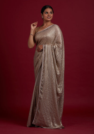 Light Brown Sequins Shimmer Designer Saree - Koskii