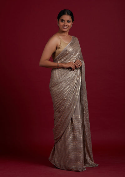 Light Brown Sequins Shimmer Designer Saree - Koskii