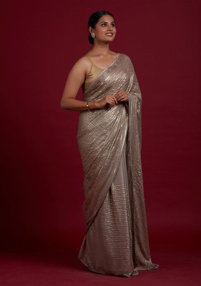 Light Brown Sequins Shimmer Designer Saree - Koskii