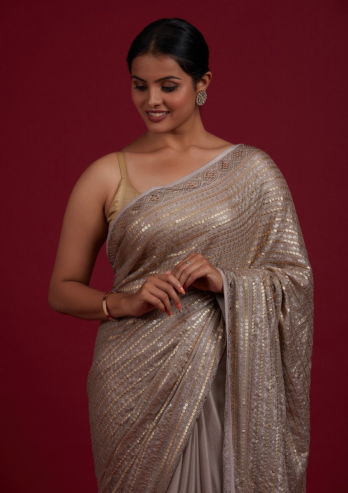 Light Brown Sequins Shimmer Designer Saree - Koskii