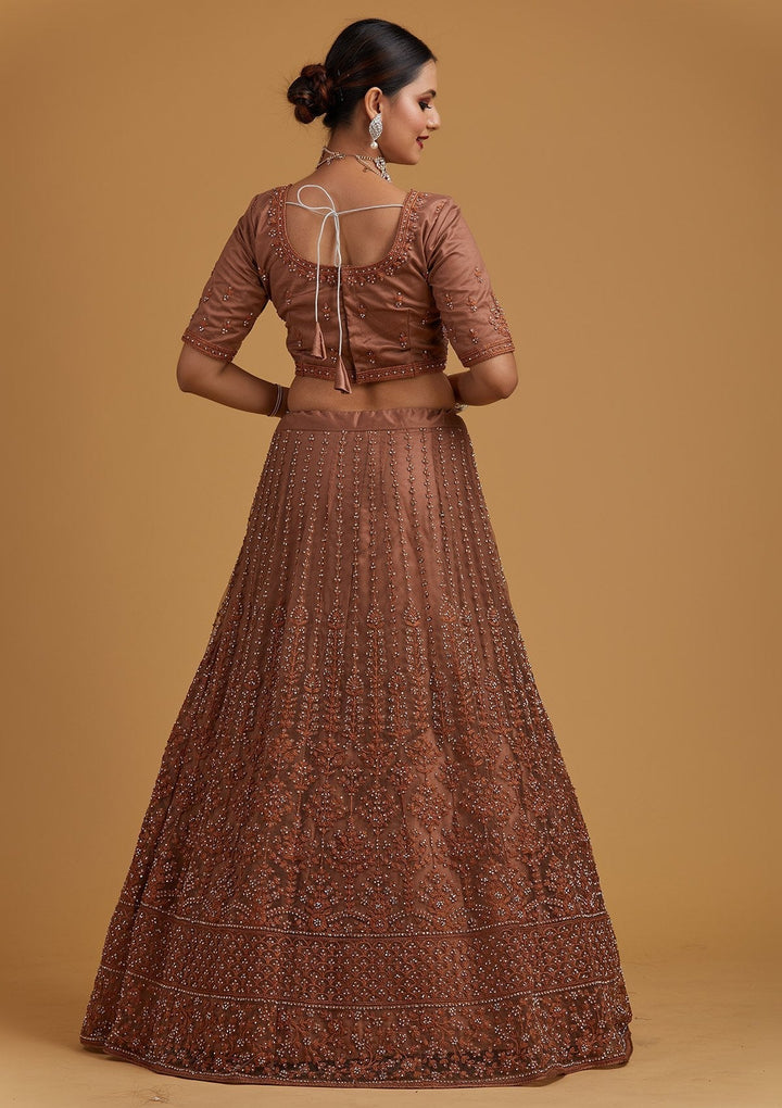 Light Brown Silver Stonework Net Designer Semi-Stitched Lehenga - koskii