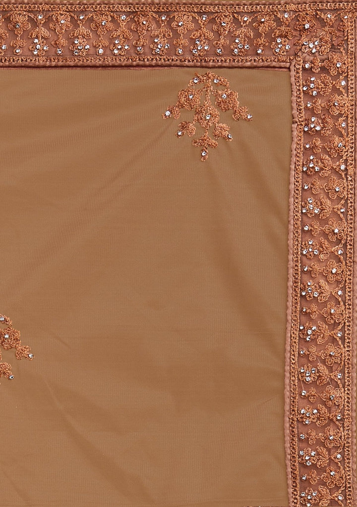 Light Brown Silver Stonework Net Designer Semi-Stitched Lehenga - koskii