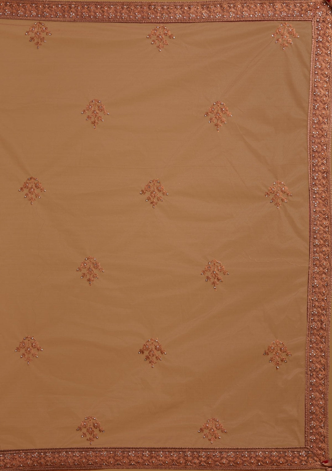 Light Brown Silver Stonework Net Designer Semi-Stitched Lehenga - koskii