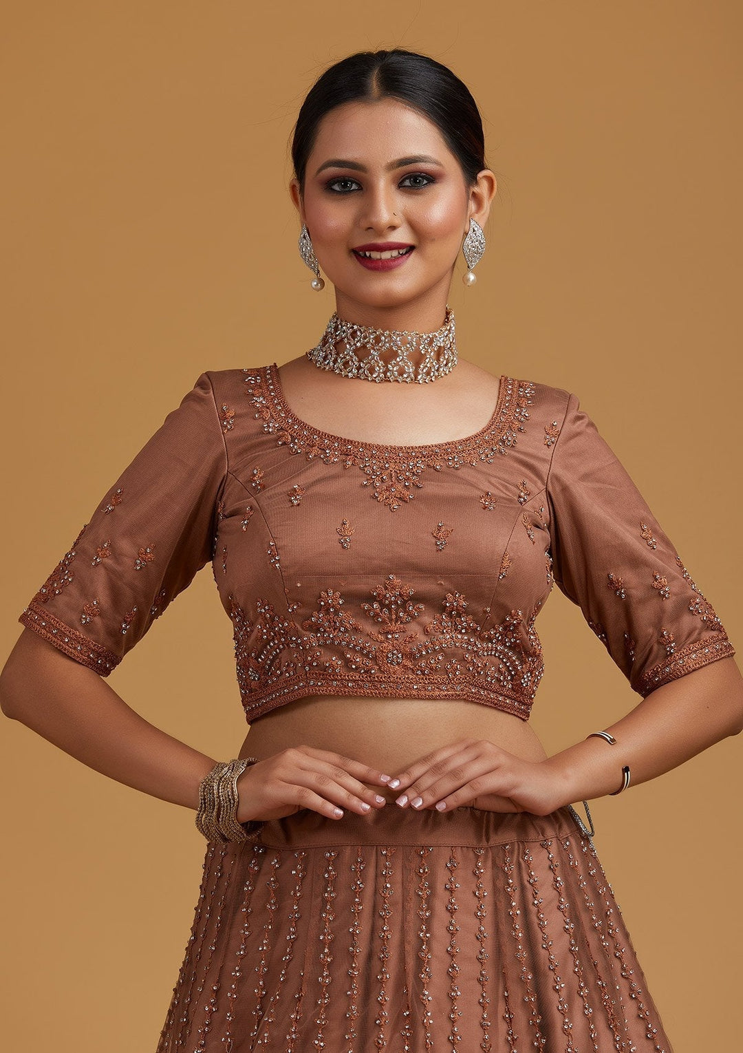 Light Brown Silver Stonework Net Designer Semi-Stitched Lehenga - koskii