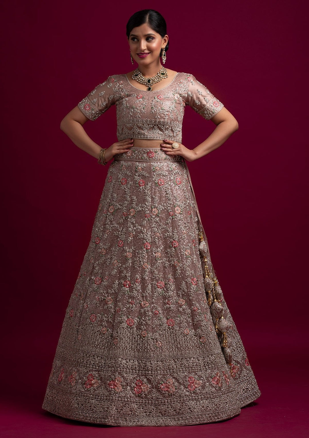 Light Brown Silver Stonework Net Designer Semi-Stitched Lehenga - koskii