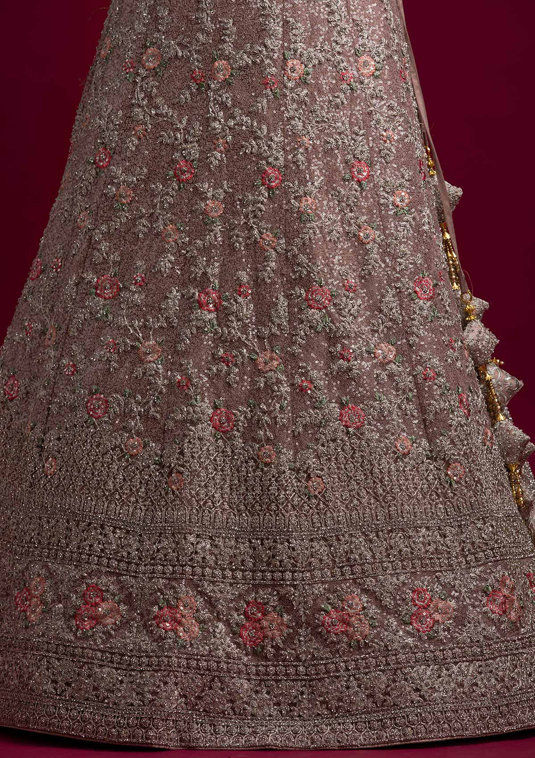 Light Brown Silver Stonework Net Designer Semi-Stitched Lehenga - koskii
