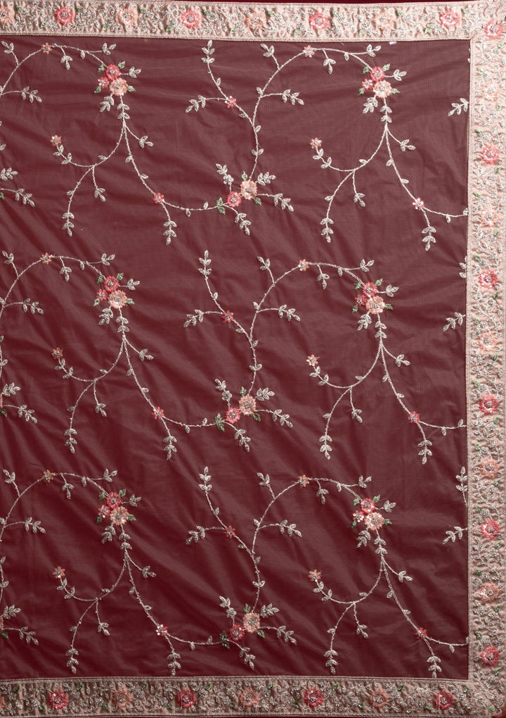 Light Brown Silver Stonework Net Designer Semi-Stitched Lehenga - koskii