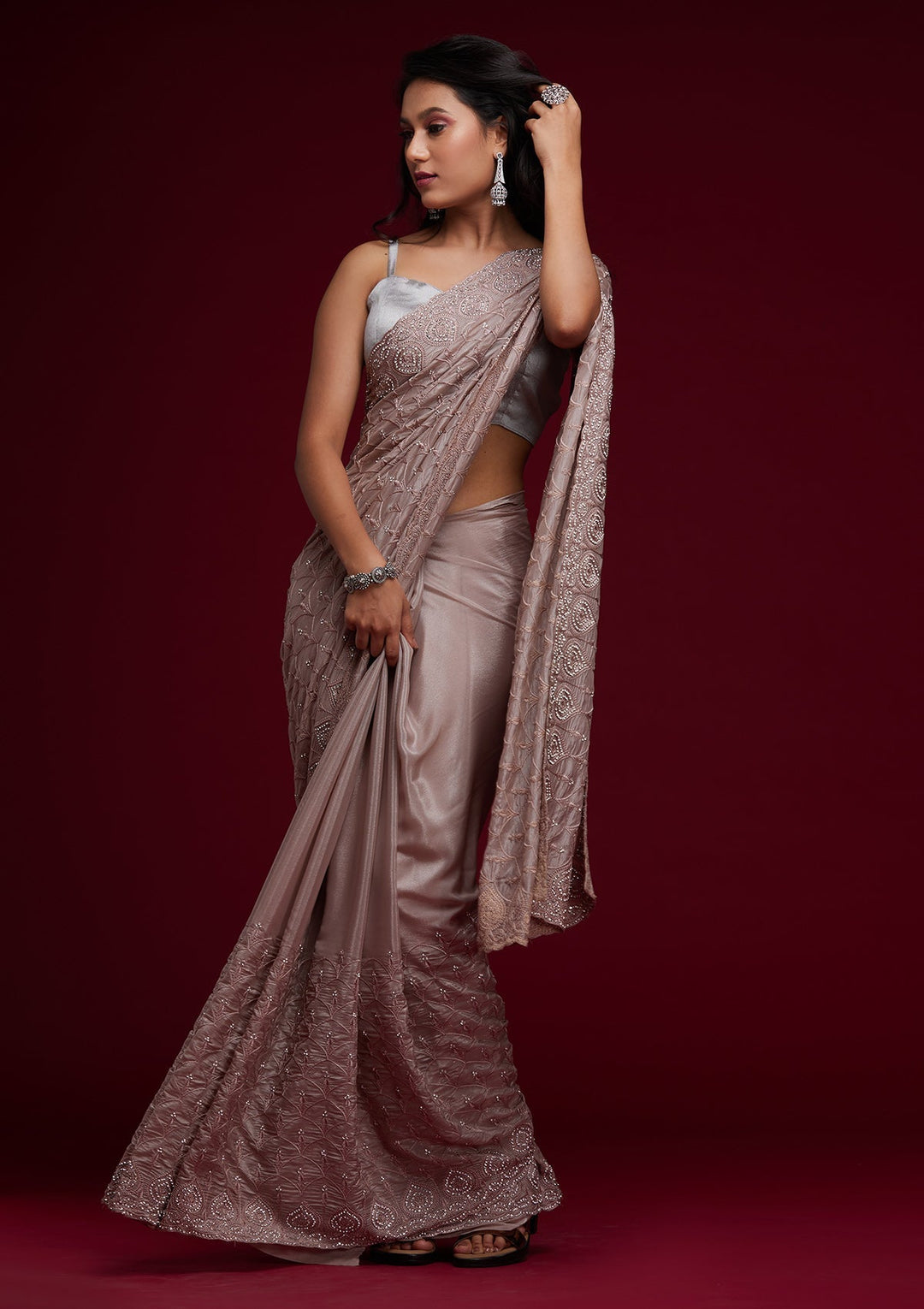 Light Brown Stonework Georgette Saree - Koskii