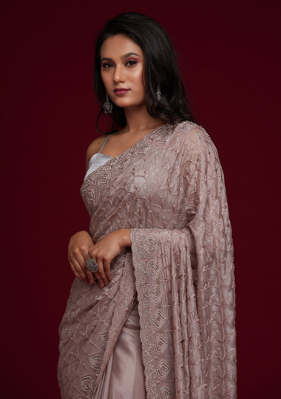 Light Brown Stonework Georgette Saree - Koskii