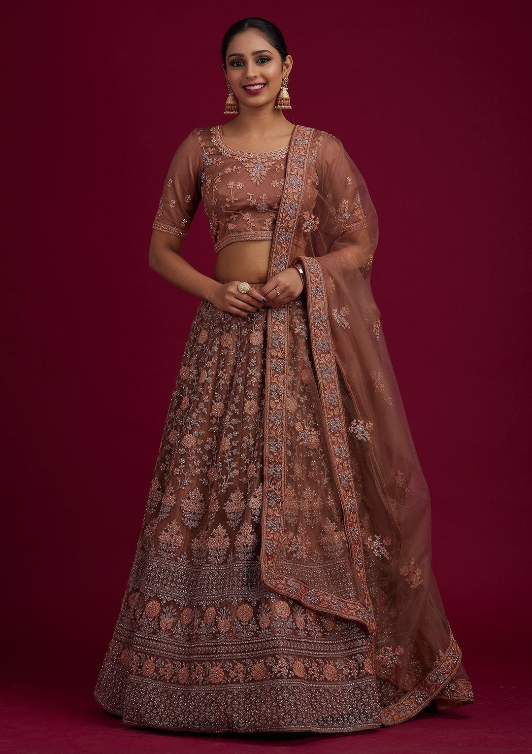 Light Brown Stonework Net Designer Semi-Stitched Lehenga - koskii