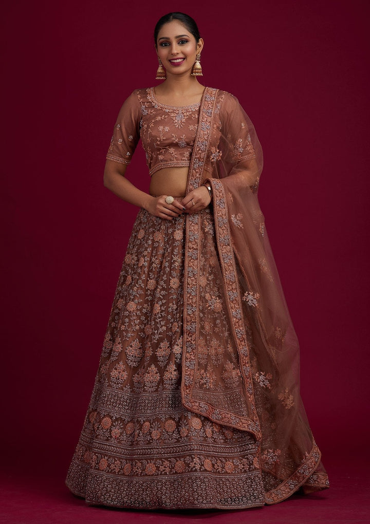 Light Brown Stonework Net Designer Semi-Stitched Lehenga - koskii