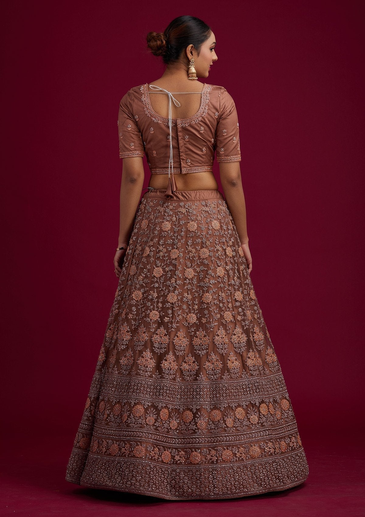 Light Brown Stonework Net Designer Semi-Stitched Lehenga - koskii
