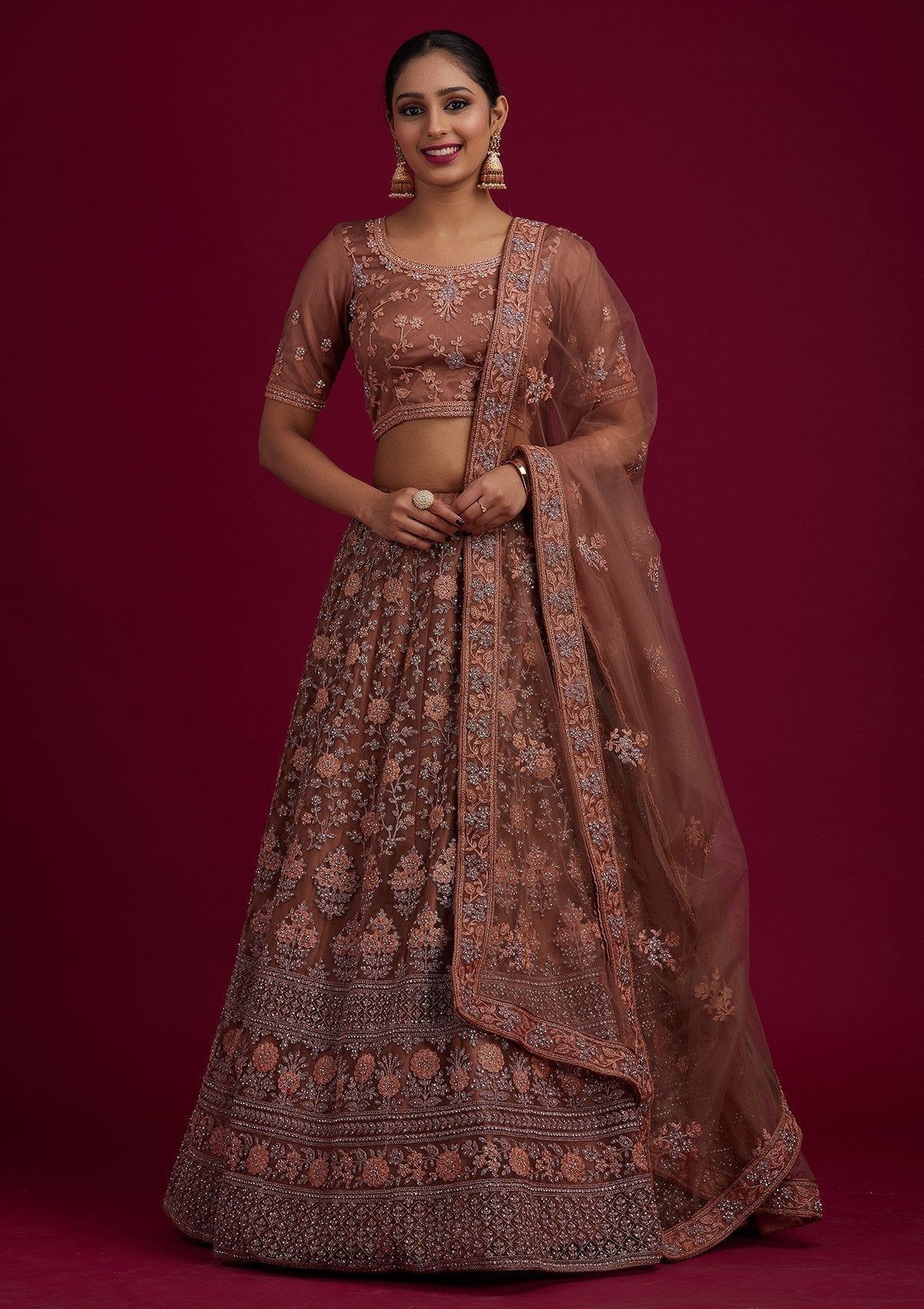 Light Brown Stonework Net Designer Semi-Stitched Lehenga - koskii