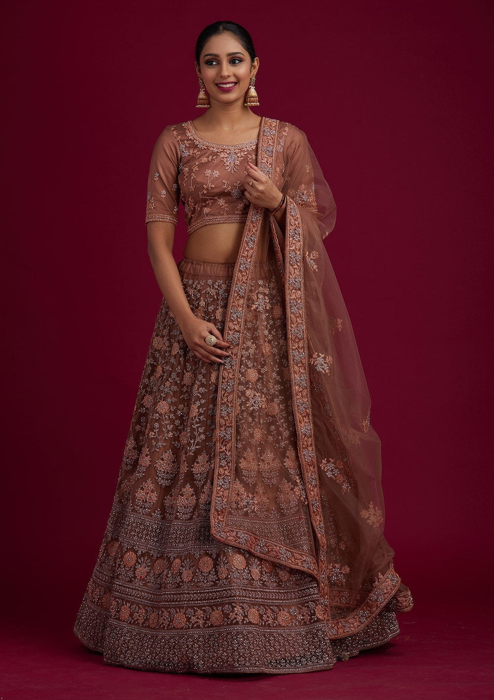 Light Brown Stonework Net Designer Semi-Stitched Lehenga - koskii